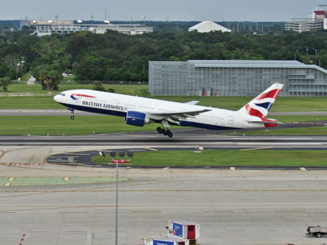 Boeing 777-200 (BAW2166) - A big British Airways 777 takes off on the short runway at Tampa as the long runway is closed for maintenance. 