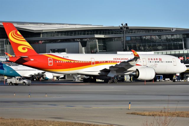 Airbus A350-900 (B-LGC) - Hong Kong Airlines Airbus A350-941 at YYC on Jan 14. Weather diversion from YVR due to fog. Apparently, the first A350 to visit YYC.