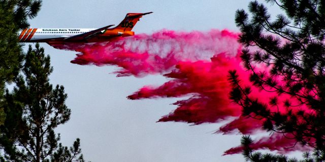 McDonnell Douglas MD-87 (N295EA) - Making a drop on the Copperfield Fire near Chiloquin, Oregon. 2 September 2024.