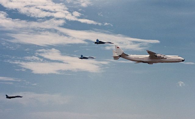 Antonov An-225 Mriya (CCCP82060) - Russian Air Force AN-225 with two SU-25 and a F-14 doing a fly buy at the Oklahoma City Air Power Air Show