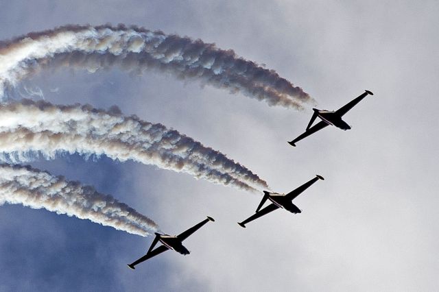 — — - Fouga Magisters of Group Tranchant over Jersey Channel Islands in RAF Display Sept 2012