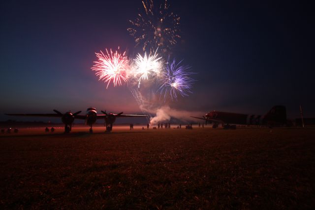 — — - B-25 "Miss Hap" and C-47 "Whiskey 7" at The Greatest Show on Turf, Geneseo, 11 July 2015