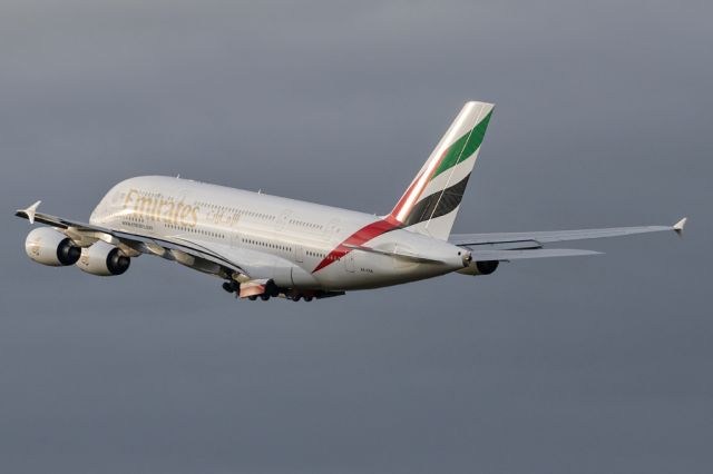 Airbus A380-800 (A6-EEN) - EK18 cleaning up the gear on the climb out from 23R at Manchester on the return to Dubai.