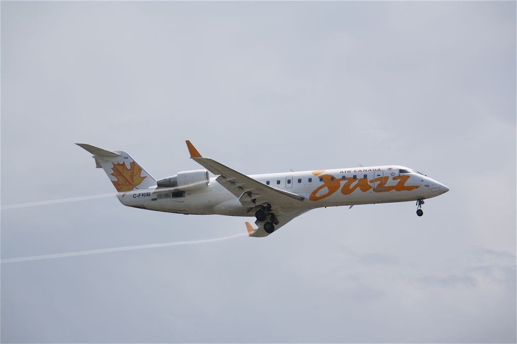 Canadair Regional Jet CRJ-100 (C-FRIB) - Kind of an interesting photo with the vapor trailing behind this CRJ-100,Landing At Lester B.Pearson Intl Airport.