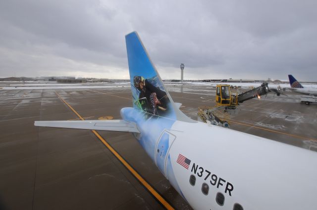 N379FR — - Hudson the Bog Turtle, on the deicing pad on 21 Apr 2021. There wasn’t much snow on this one since it arrived after most of the snow had passed. N379FR departed for sunny Orlando Int’l – KMCO.