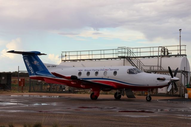 Pilatus PC-12 (VH-OWV) - VH-OWV at Meekatharra for refueling whilst on a patient transfer from Broome to Jandakot in Western Australia.