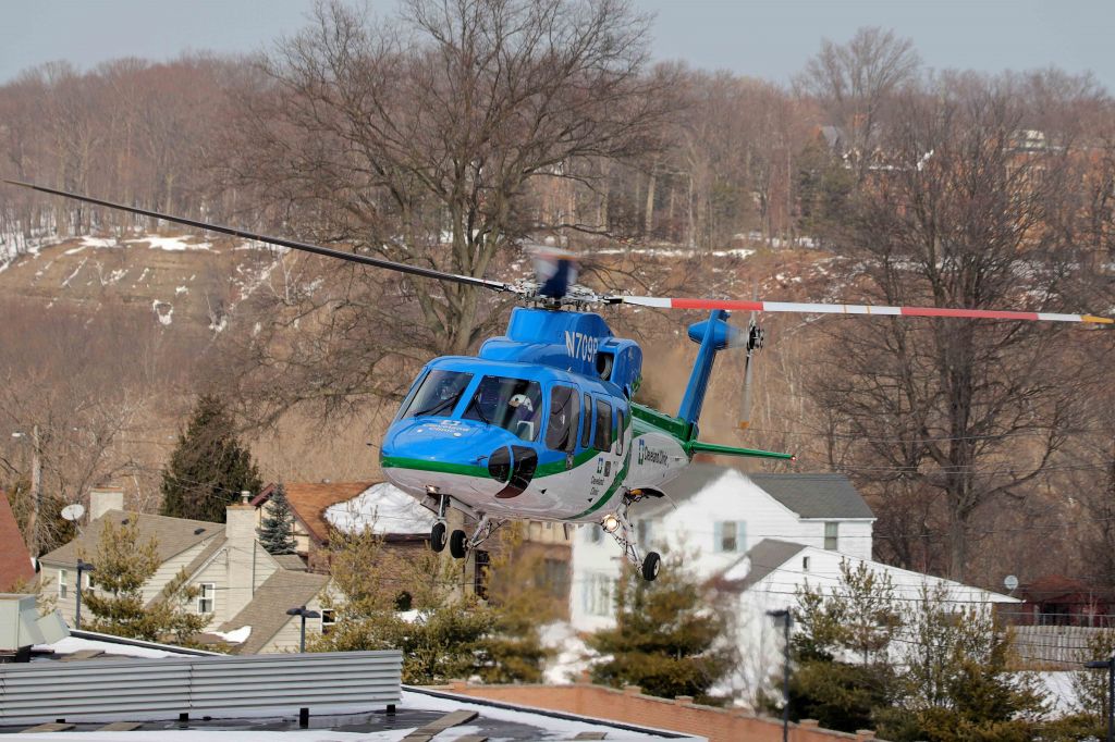 Sikorsky S-76 (N709P) - N709P, a Cleveland Clinic Critical Care Transport Sikorsky S76C+ lifting off from the Cleveland Clinic Fairview Hospital helipad en route to the Cleveland Clinic main campus on 23 Feb 2021. The flight took a whole 8-minutes. 