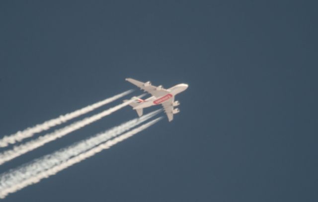 Airbus A380-800 (UAE215) - This is one of 3 flights from the Persian Gulf as seen mid day in Carson City. This flight comes by daily and is on its typical flight path, a bit to the east. Sometimes it comes by more to the west and at times flies straight down over California.