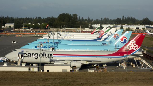 BOEING 747-8 (LX-VCM) - Boeing Flight line August 20th 2015br /Registration numbers in order from closest to farthest away:br /LX-VCM   Stall: 204br /HL-7631  Stall: 205br /HL-7630  Stall: 206br /VQ-BVR   Stall: 207br /A6-EPB   Stall: 208br /B-18003  Stall: 209br /A6-EPA   Stall: 210