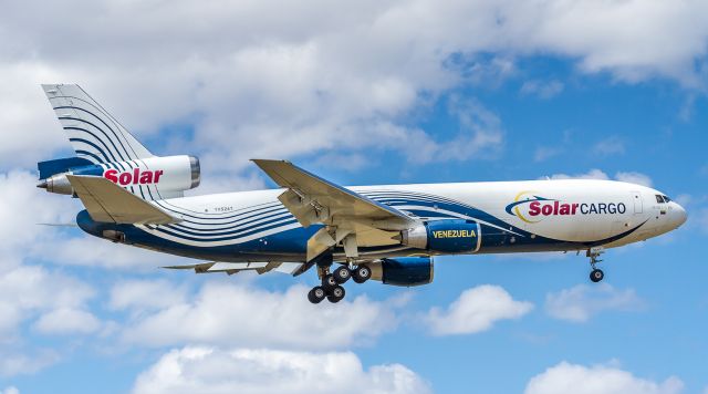 McDonnell Douglas DC-10 (YV-524T) - Extremely rare visit (first time in Canada!!) by this Solar Cargo DC-10-30F from Venezuela had most YYZ spotters out. Here she is about to land on runway 05, taxi to the Vista cargo terminal and pick up pallets of pharmaceuticals. Two hours on the ground and then straight back to Caracas!