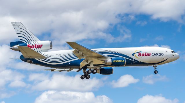 McDonnell Douglas DC-10 (YV524T) - Extremely rare visit (first time in Canada!!) by this Solar Cargo DC-10-30F from Venezuela had most YYZ spotters out. Here she is about to land on runway 05, taxi to the Vista cargo terminal and pick up pallets of pharmaceuticals. Two hours on the ground and then straight back to Caracas!