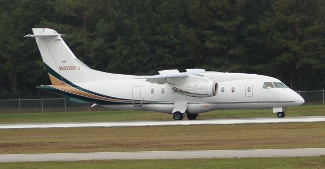 Fairchild Dornier 328JET (N406FJ) - An Ultimate Jetcharters Dornier 328-300 arriving Runway 5 at Anniston Regional Airport, AL - October 12, 2017.