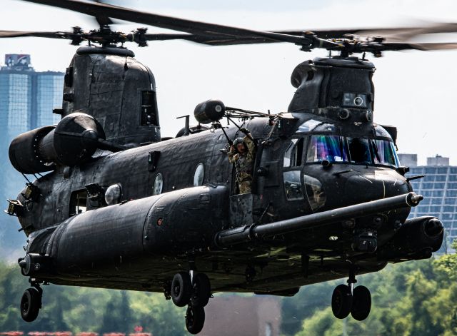 — — - 160th SOAR chinook departing Downtown island home airport.