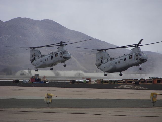 — — - MCAS Miramar Airshow 2008  San Diego, CA  Two CH-46 Sea Knights landing during the MAGTF demo!