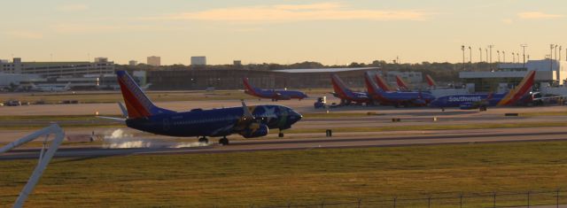 Boeing 737-700 (N727SW) - Nevada One livery touching down after sunrise in KDAL