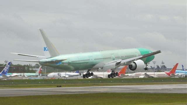 BOEING 777-300 (PH-BVG) - BOE916 (LN:1020) nearing touchdown on runway 16R to complete a flight test on 5/22/12.