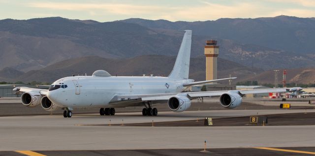 Boeing E-6 Mercury (16-4408) - The first photo of the Navys 164408, a Boeing E-6 Mercury, to be presented in the FA gallery is this early morning capture of it as it reaches the north end of Bravo taxiway and begins to turn to position for takeoff from runway 16R at Reno Tahoe International.