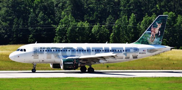 Airbus A319 (N926FR) - Domino the Black Tail Deer Fawn! Cue Van Morrison.  From the RDU observation deck, 6/4/18.