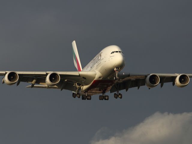 Airbus A380-800 — - One of the three Emirates A380-800's that arrive in London Heathrow each day from Dubai