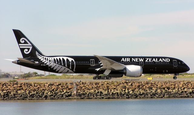 Boeing 787-9 Dreamliner (ZK-NZE) - This is Air New Zealands new Boeing 787-9 Dreamliner in the new ANZ black livery departing Sydney Australias international airport for the first time on Saturday 09-08-2014.