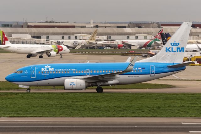 Boeing 737-700 (PH-BGF) - 26th March, 2023: KL 1031 taxiing to the gate after landing on runway 09L at Heathrow at 5:47pm - having left Amsterdam's Schiphol at 6:00pm!  She is named the "Grote Zilverreiger" - Dutch for 'great white heron'.