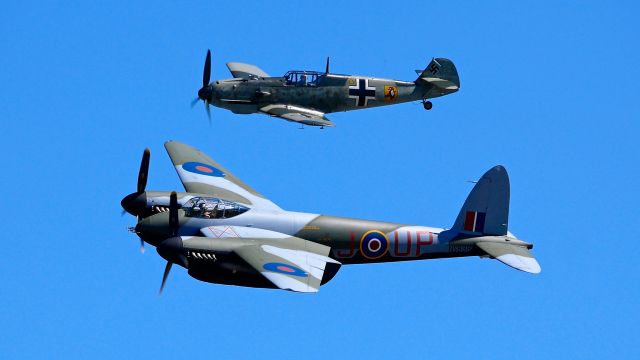 De Havilland Mosquito (N959TV) - FHCs DeHavilland D.H.98 Mosquito T.Mk.III and #N342FH - Messerschmitt Bf 109 E-3 (Ser #1342) make a low pass over Rwy 34L during flyday 8.26.17.