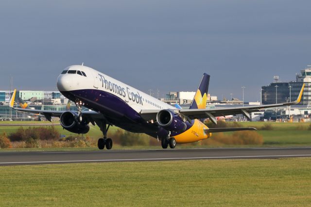 Airbus A321 (G-TCVB) - TCX1866 departing for Tenerife.  This aircraft used to be G-ZBAE with Monarch and the airline lives on in the hybrid scheme