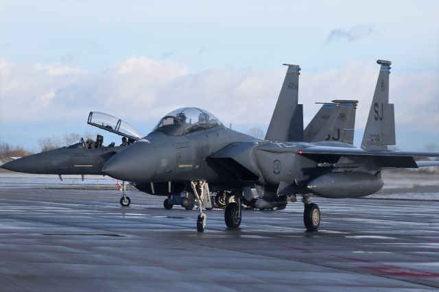 McDonnell Douglas F-15 Eagle (AFR881698) - Two F-15E Strike Eagles from Seymour Johnson AFB are at Austin Straubel ready to depart in "burner" for a Packer Home Game on Nov. 14 '21