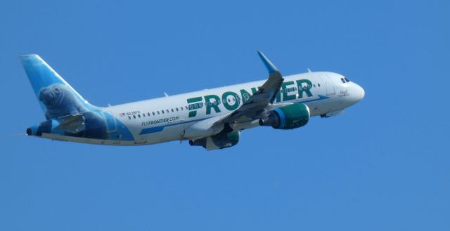 Airbus A320 (N238FR) - Shorlty after departure is this 2016 Frontier Airlines Airbus 320-214 with "Hugh" the Manatee looking on in the Summer of 2022.