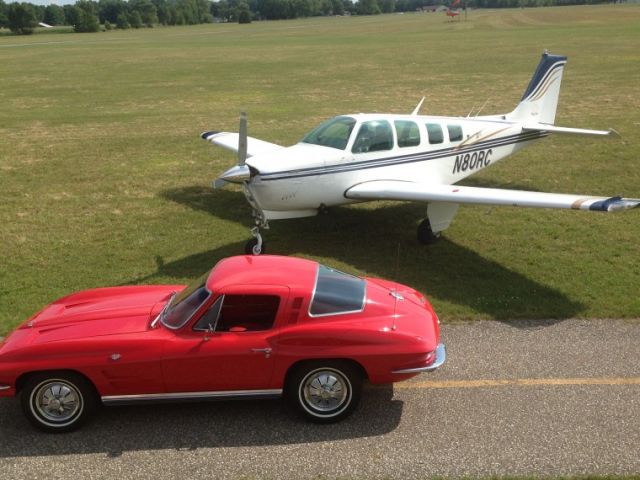 Beechcraft Bonanza (36) (N80RC) - 1964 Corvette with 1977 A36 Bonanza at the Mishawaka Pilots Club