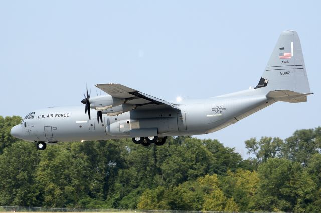 Lockheed C-130 Hercules (05-3147) - Working the pattern. Bright day, but still caught the anti-collision lights. Doesn't have its "THE ROCK" tail flash at this time (and it should say AETC, but this was fresh after the changeover), but it is a Rock-based bird. 314th AW at this time, C-130J-30. May 2013.