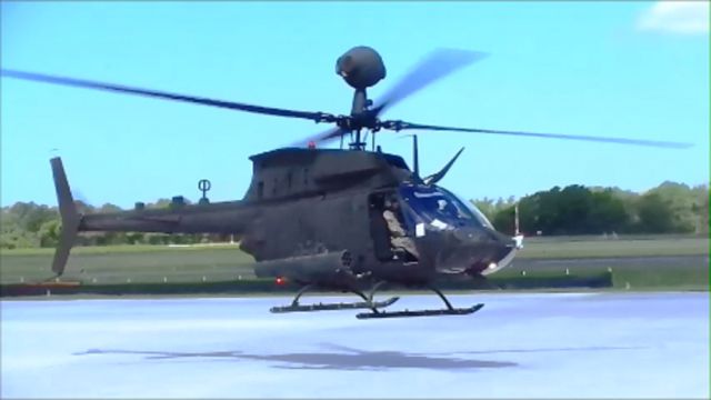 — — - US Army 82nd. CAB OH-58 Kiowa finishes pedal turn at Ramp of Grand Strand Airport (KCRE) in North Myrtle Beach, SC for refueling on 4/21/2015.