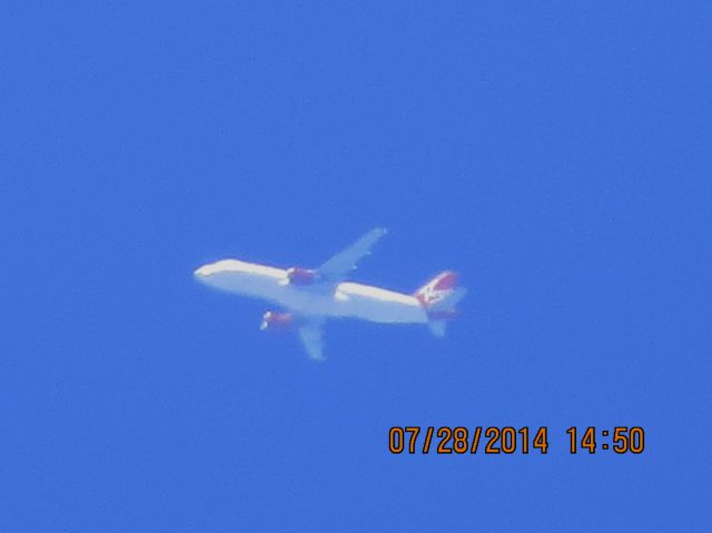 Airbus A320 (N635VA) - Virgin flight 411 from JFK to LAX over Baxter Springs KS (78KS) at 34k feet.