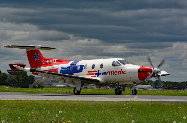 Pilatus PC-12 (C-GMXD) - Airmedic PC12 with special 10th anniversary markings seen taxying in CYHU. 28-05-2022