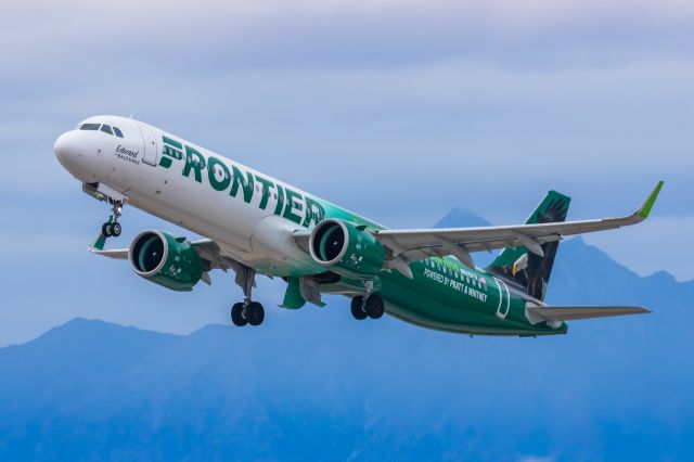 Airbus A321neo (N605FR) - A Frontier Airlines A321 neo "Edward the Bald Eagle" taking off from PHX on 2/14/23. Taken with a Canon R7 and Canon EF 100-400 II L lens.