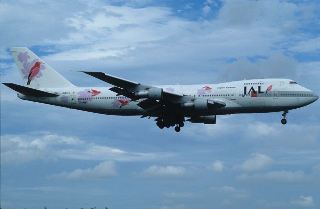 Boeing 747-200 (JA8114) - Final Approach to Narita Intl Airport Rwy16R on 1997/08/05 " JAL Resort Express c/s "