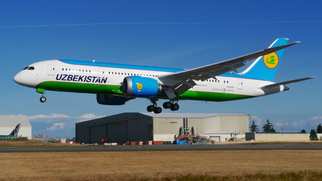 Boeing 787-8 (UK-78701) - BOE873 on short final to Rwy 34L to complete a C1 flight on 8/25/16. (ln 470 / cn 38363).