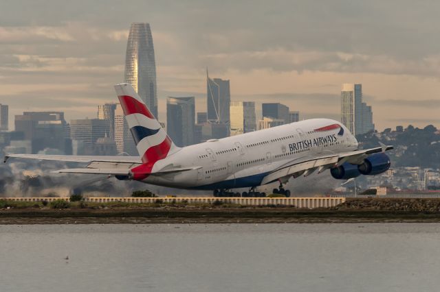 Airbus A380-800 (G-XLEI) - 28th January, 2024: Taking off for London Heathrow as flight BA 284 - from runway 1R at SFO past the iconic San Francisco downtown skyline. 