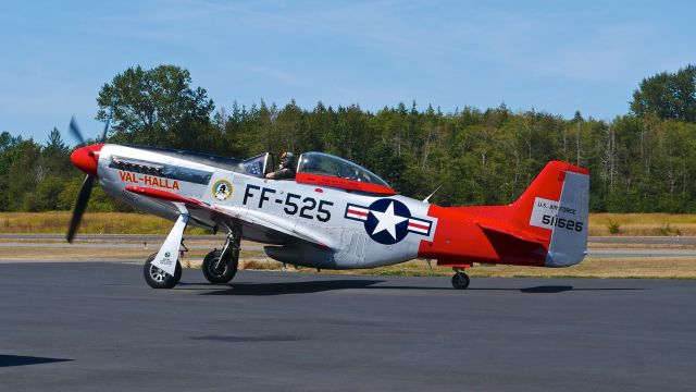 N151AF — - Heritage Flight Museum Warbird Weekend 8.19.17. Pilot Greg Anders taxis "VAL-HALLA" a North American P-51D Mustang (Ser #45-11525) prior to the air show. 