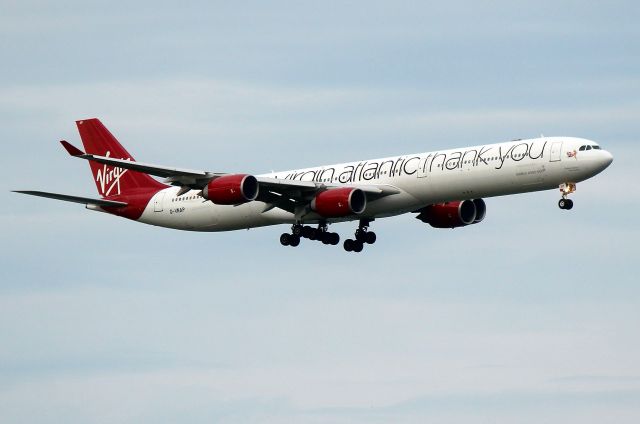 Airbus A340-600 (G-VNAP) - Virgins  a big virgin atlantic thank you arriving from London-Heathrow on 22L