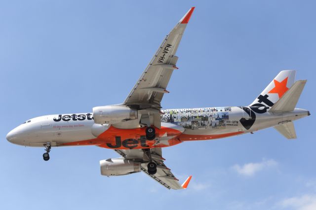 Airbus A320 (VH-VFN) - Approaching Townsville Airport, sporting a livery that celebrates a few milestones for Jetstar.