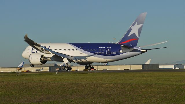 Boeing 787-8 (CC-BBD) - BOE540 nears touchdown on Rwy 34L to complete its maiden flight on 9.11.13. (LN:118 cn 38484).