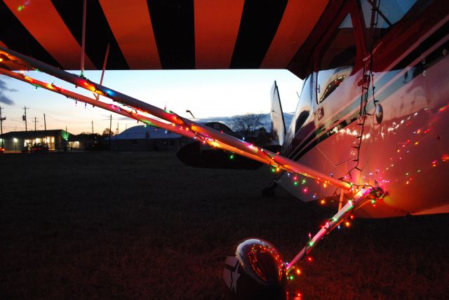 CHAMPION Decathlon (N594AM) - This is my favorite. A classic airplane with a classic hangar in the background- all wrapped in Christmas lights!