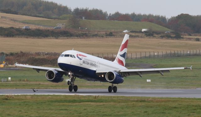 Airbus A319 (G-EUPG) - Arrival at ABZ on October 21st 2020. Photo taken from raised mound area nr Babcock terminal. 