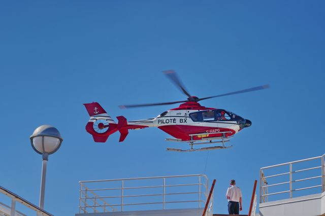 F-HAPG — - “Helitreuillage”: Picking up a ship-pilot by helicopter, as seen from on board the Holland America Line’s cruiseship  MS Prinsendam, leaving the Gironde river outbound to open sea.