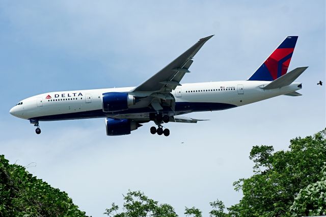 Boeing 777-200 (N706DN) - close call for this bird...take a look right at its tail to see this swallow fly for his life..