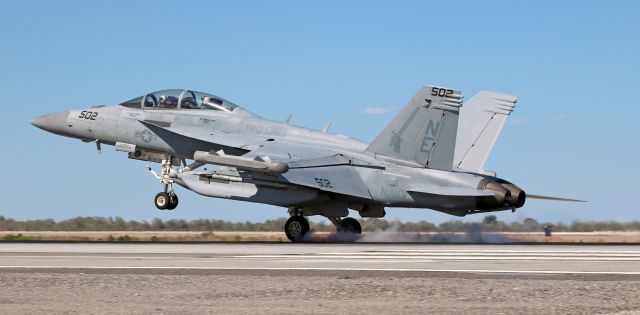 16-6936 — - A VAQ-136 (Electronic Attack Squadron One Thirty Six) "Gauntlets" E/A-18G Growler, 166936, puts the mains down right by the keys on the runway 31L concrete as it returns to NAS Fallon after completing a combat training sortie.  The "Gauntlets' Growlers are out of NAS Whidbey Island and are currently assigned to Carrier Air Wing Two, USS Carl Vinson (CVN-70, Puget Sound Naval Shipyard, Bremerton, WA).