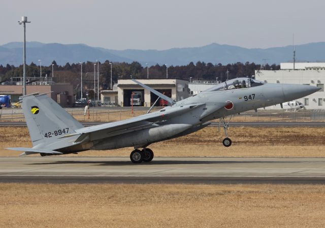 McDonnell Douglas F-15 Eagle (42-8947) - F-15DJ of the 306th Tactical Fighter Squadron arriving back to Hyakuri Airbase after a morning sortie. One of two 306th Eagles that were in and out of Hyakuri for a three day span, perhaps doing dissimilar training with the F-4s based at Hyakuri (please view in "full" for highest image quality)