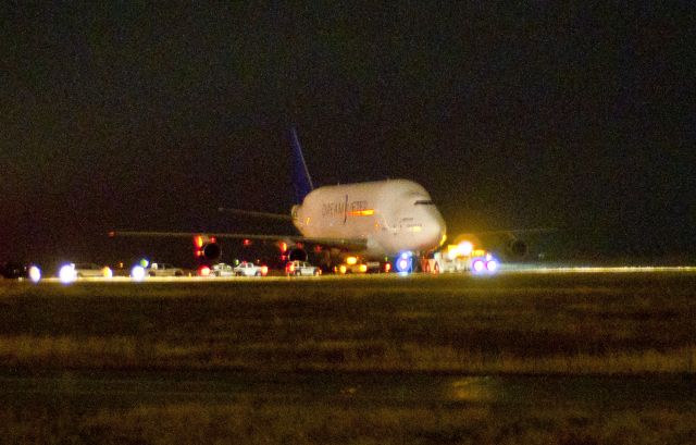 Boeing 747-400 — - The Dreamlifter landed at KAAO instead of KIAB.  According to local media, ATC radio recordings indicate that the pilot thought they had landed at KBEC.  KAAO has a runway length of 6101.  This photo was taken from HWY K-96.  The aircraft is at the south end of the runway.