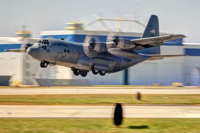 Lockheed C-130 Hercules — - A C-130 takes off at Dobbins ARB in Atlanta.